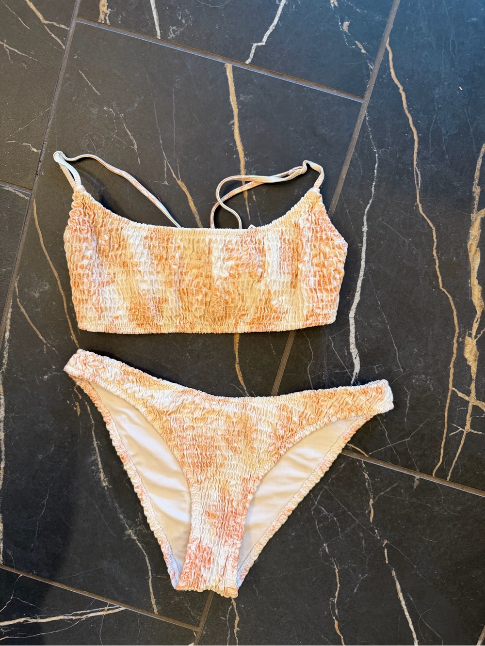 Triangl Smocked Two-Piece Bikini Set in Peach and Cream